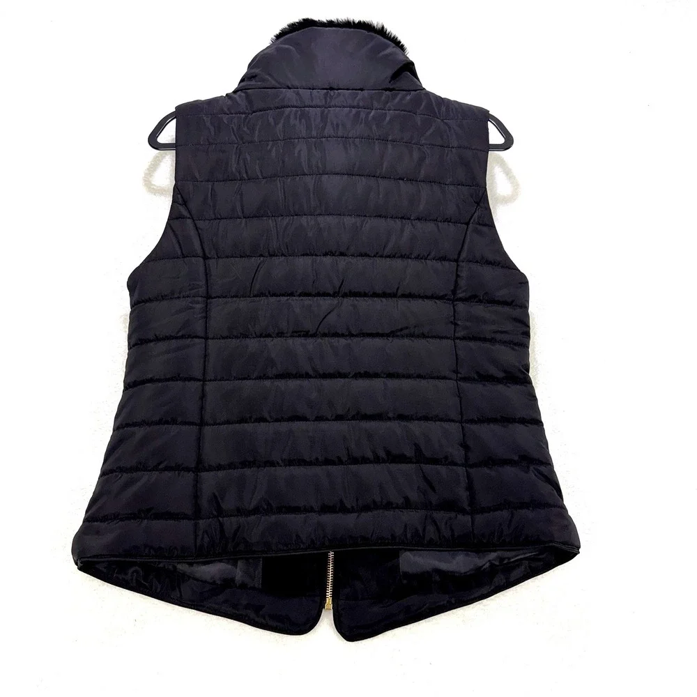 Guess Quilted Puffer Vest Women M Black Faux-fur Trim Gold-Tone‎ Full Zip